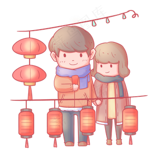 元宵节情侣猜灯谜卡通手绘人物,免抠元素