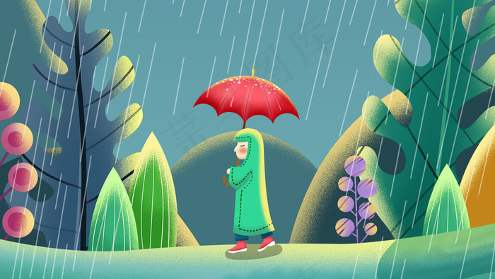 蓝色系卡通手绘风夏景下雨撑伞女孩配图(2880*1620px 300 dpi )psd模版下载