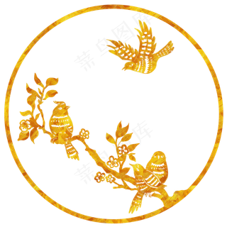 中国风花鸟烫金剪纸,免抠元素