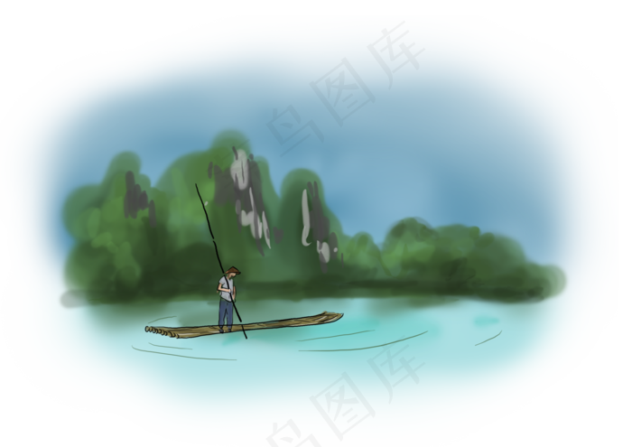 中国水墨手绘竹筏