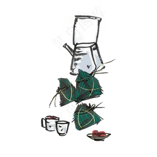 端午节吃粽子喝凉茶水墨风手绘