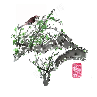 绿梅盆景雀鸟喜鹊反话傲雪开春腊,免抠元素