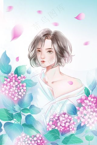 夏天绣球花田中的女孩