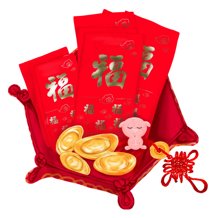 新年物品红包元宝猪中国结手绘插,免抠元素
