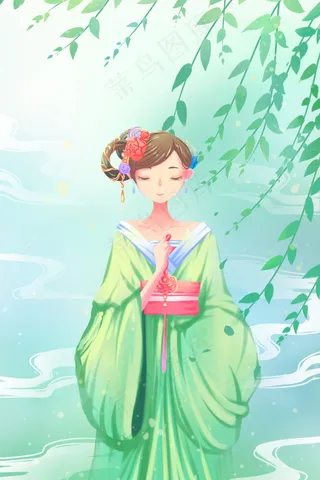绿色唯美卡通治愈小清新夏季夏日古风配图
