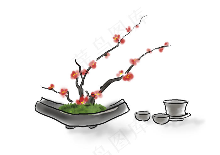 中国水墨手绘梅花盆景,免抠元素