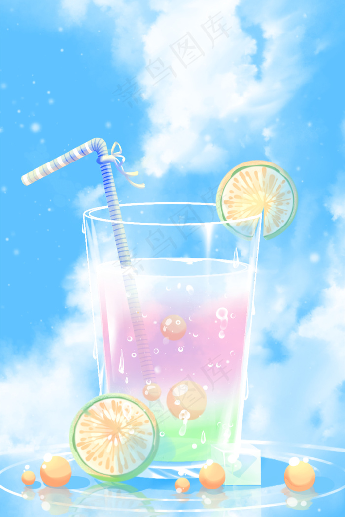 蓝色唯美卡通小清新夏季凉爽冰镇饮料配图(3545*5315px 300 dpi )psd模版下载