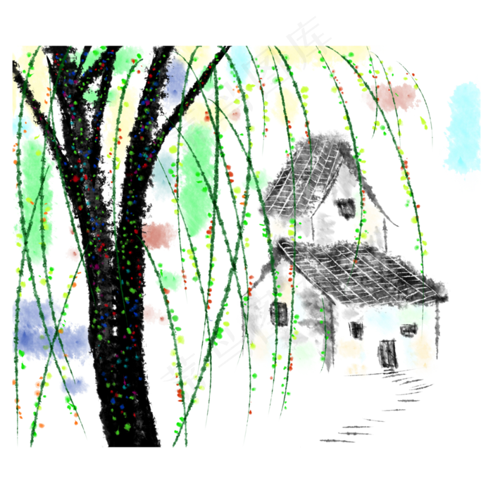 国画山水村庄绿柳春