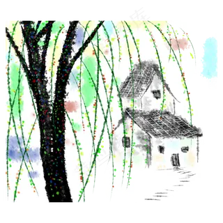 国画山水村庄绿柳春