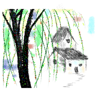 国画山水村庄绿柳春