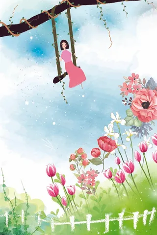 初春荡秋千的女孩