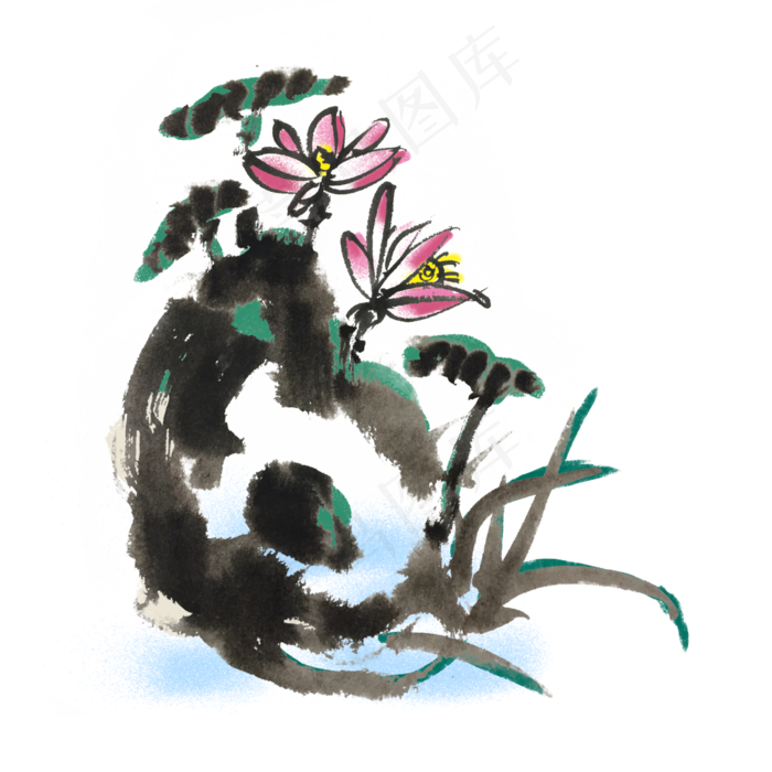 夏天荷花荷叶中国风手绘插画