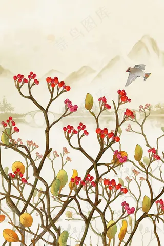 秋季节气复古工笔国画山水红果子飞鸟风景