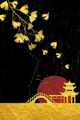 新中式古建筑黄色 黑色中国风装饰画