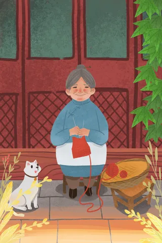 在织毛衣的老母亲