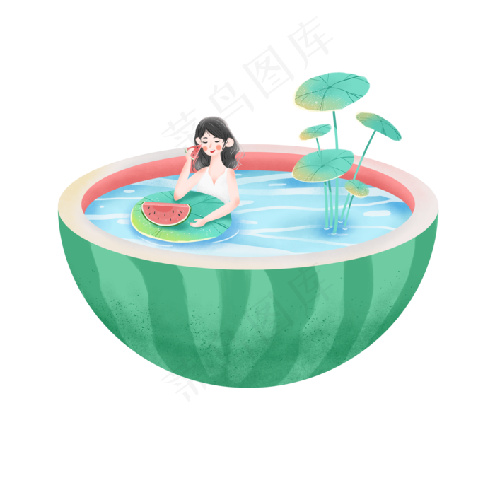 荷叶和吃西瓜的女孩