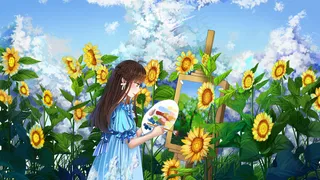 夏日绘画小女孩和向日葵