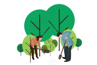 红衣女孩和蓝衣男孩在种树,免抠元素