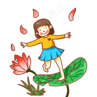 夏天荷花荷叶清凉女孩手绘