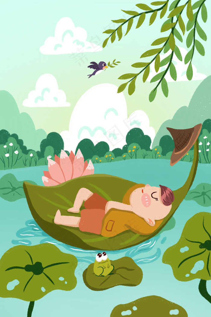 清明节牧童划船小清新