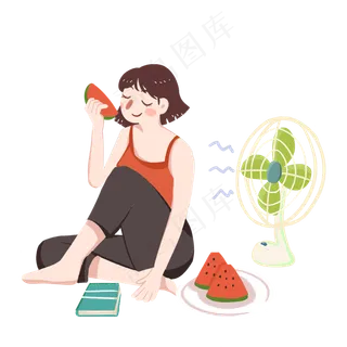 夏至女孩吃西瓜吹风PNG