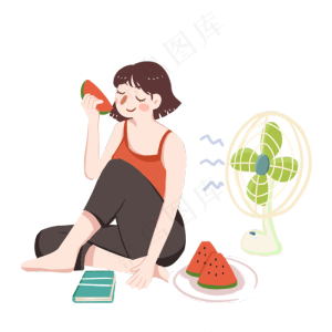 夏至女孩吃西瓜吹风PNG