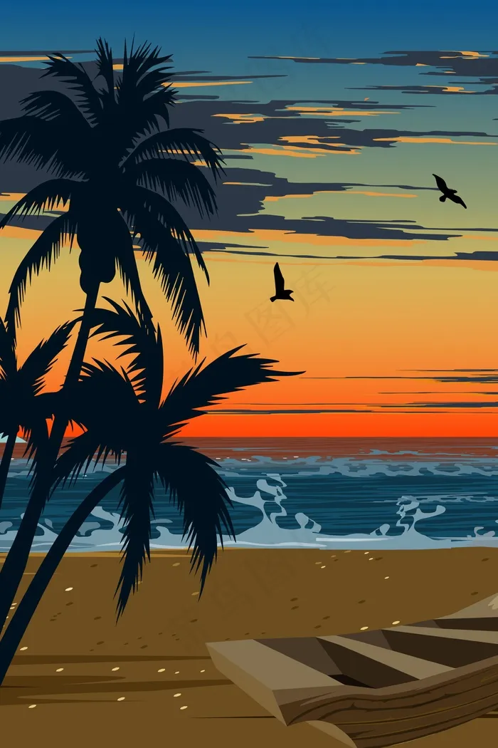 夏天夕阳海景扁平风(2880*1620px 300 dpi )