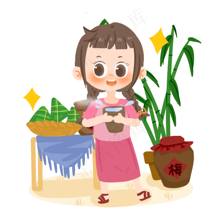 端午节卡通女孩喝梅子酒PNG素材(3000X3000(DPI:300))psd模版下载