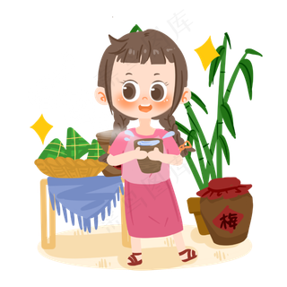 端午节卡通女孩喝梅子酒PNG素材