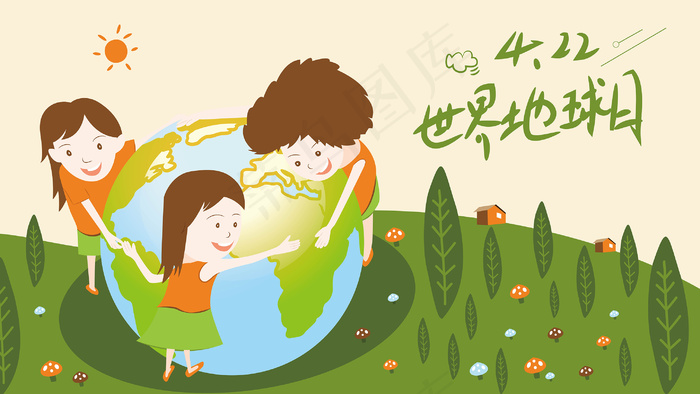 手绘围着地球的三个女孩矢量插画