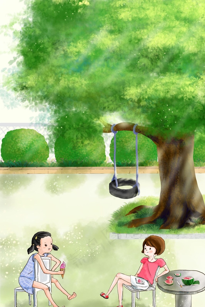 暖色系小清夏日女孩子树下乘凉吃西瓜雪糕图(3545*5315px 300 dpi )psd模版下载