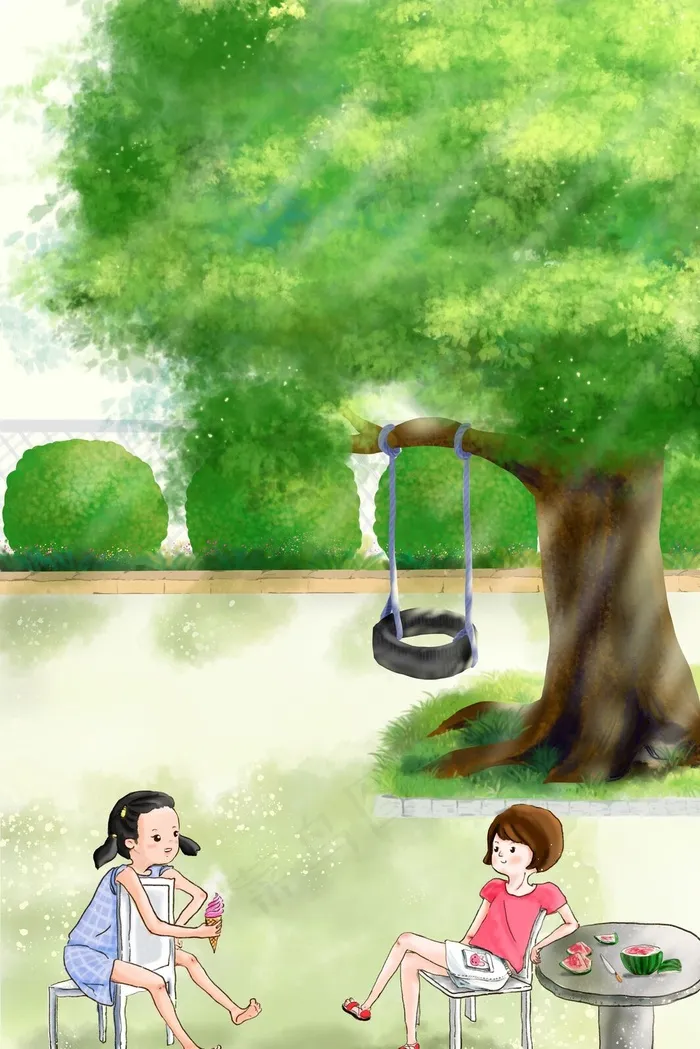 暖色系小清夏日女孩子树下乘凉吃西瓜雪糕图(3545*5315px 300 dpi )psd模版下载