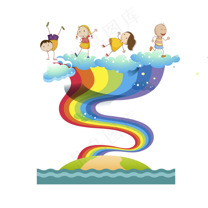 儿童节孩子们在踏彩虹桥云间起舞,免抠元素
