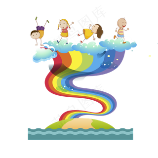 儿童节孩子们在踏彩虹桥云间起舞,免抠元素