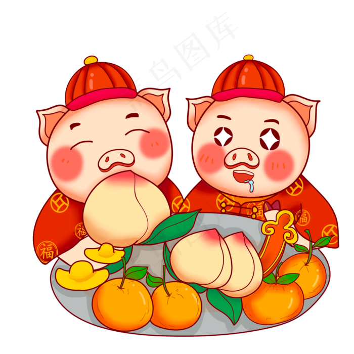 卡通手绘新年吃水果的两只可爱小