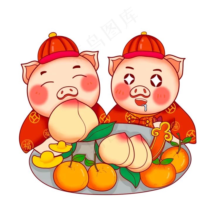 卡通手绘新年吃水果的两只可爱小(2000X2000(DPI:300))psd模版下载