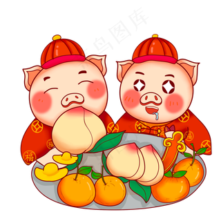 卡通手绘新年吃水果的两只可爱小