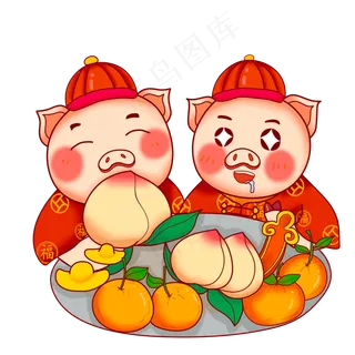 卡通手绘新年吃水果的两只可爱小