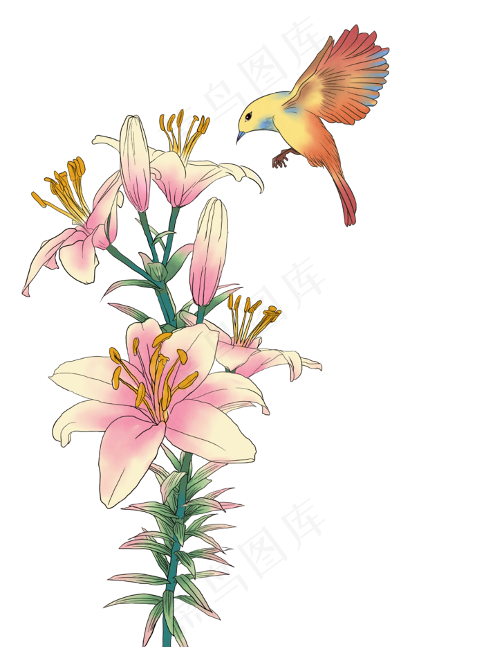 工笔画黄色的小鸟和鲜花,免抠元素