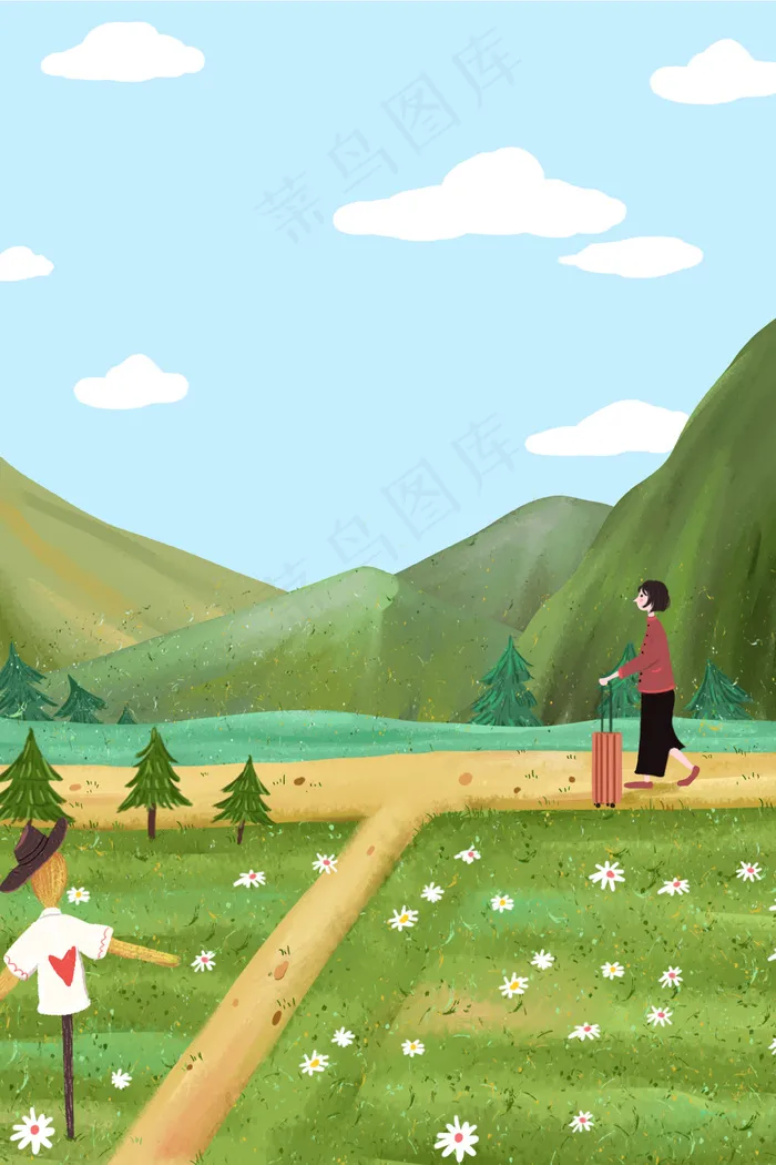 走在乡间小路上的少女(3545*5315px 300 dpi )psd模版下载