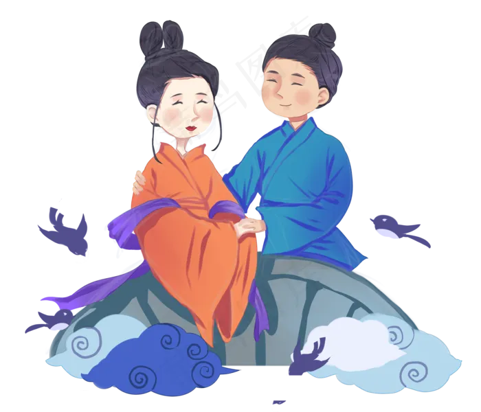 七夕牛郎织女恋人情人节,免抠元素(3500*3000px 300 dpi )psd模版下载