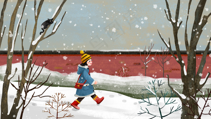 冬天大雪回家的小女孩(2880*1620px 300 dpi )