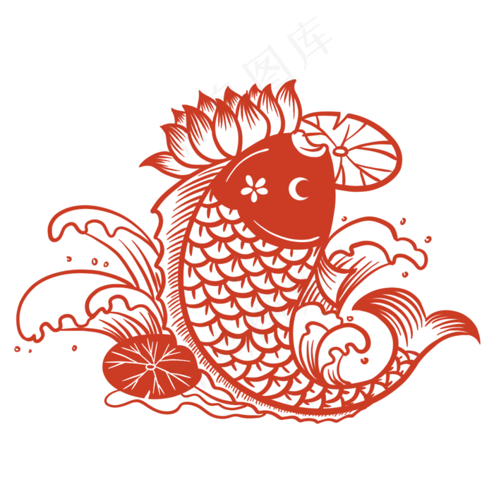 新年红色剪纸锦鲤,免抠元素