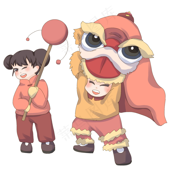 元宵节舞狮儿童人物插画,免抠元素