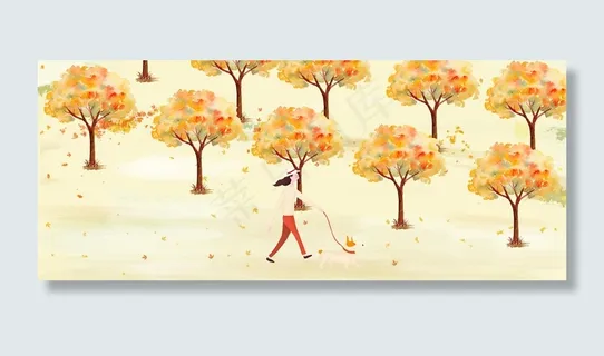 秋天森林中的小女孩狗风景