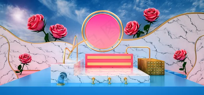 C4D小清新七夕节玫瑰花园化妆品电商促销