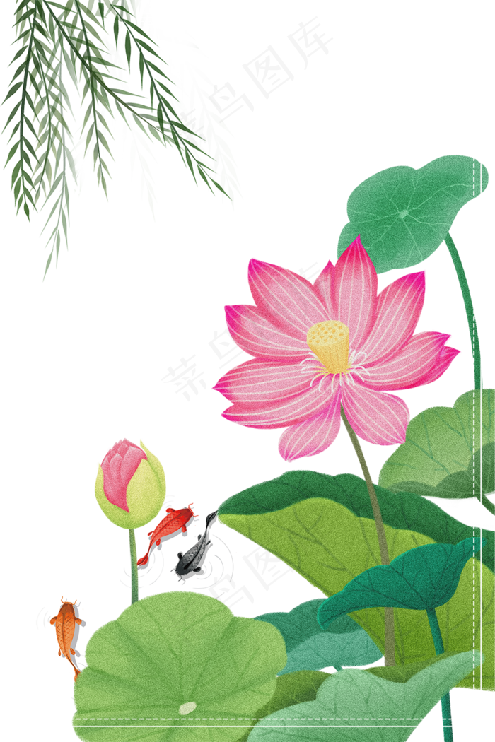 处暑之荷叶荷花主题边框,免抠元素