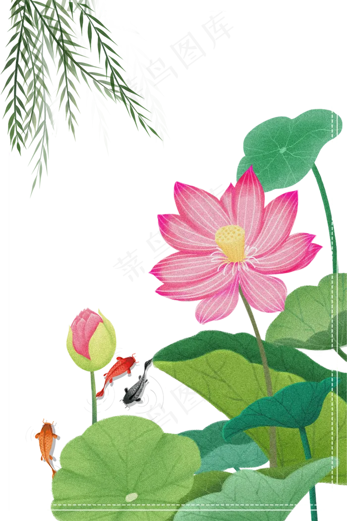 处暑之荷叶荷花主题边框,免抠元素