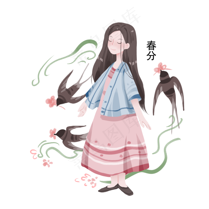 春分人物和燕子插画,免抠元素