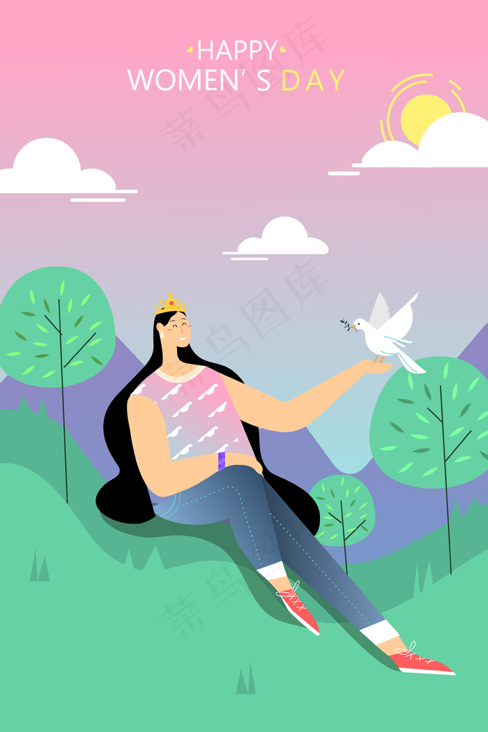 卡通清新3.8女王女神妇女节风景壁纸插画